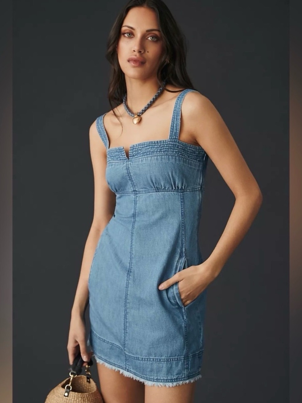 Pilcro Square Neck Tank Denim Mini Dress in Light Blue Pockets Raw Hem R5